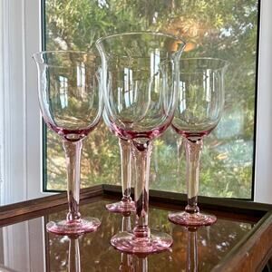 Vintage Hand Blown Rose Pink Chunky Stem 16oz Wine or Water Goblets Set of 4